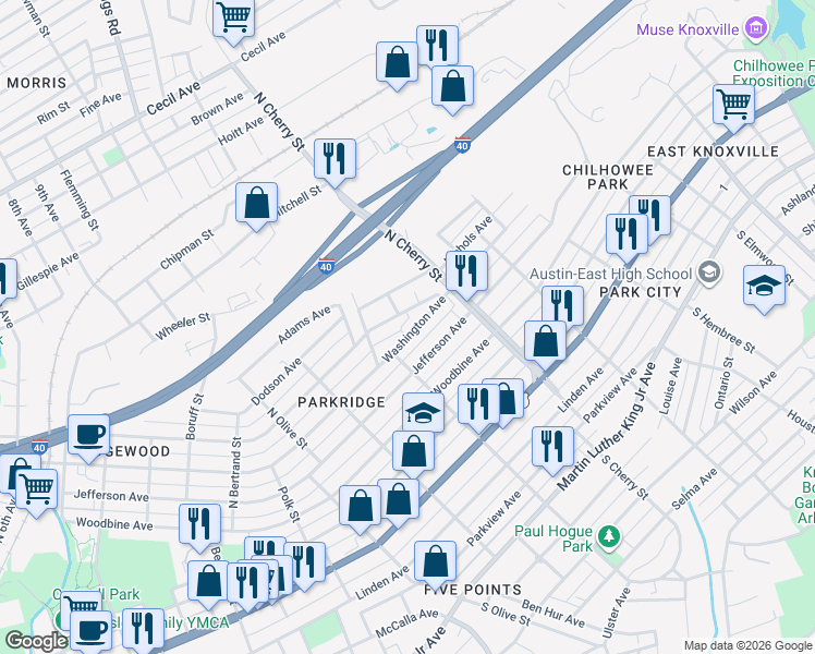 map of restaurants, bars, coffee shops, grocery stores, and more near 2504 Washington Avenue in Knoxville