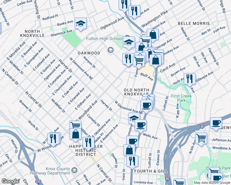 map of restaurants, bars, coffee shops, grocery stores, and more near 716 East Scott Avenue in Knoxville