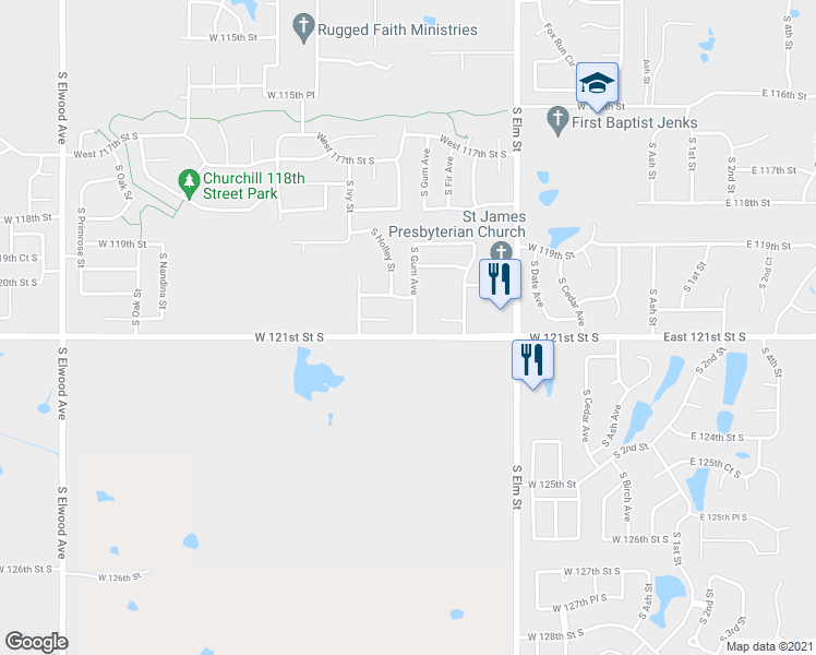 map of restaurants, bars, coffee shops, grocery stores, and more near 12032 South Gum Avenue in Jenks