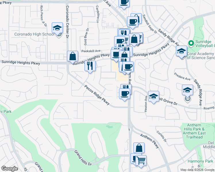 map of restaurants, bars, coffee shops, grocery stores, and more near 1026 Belle River Court in Henderson