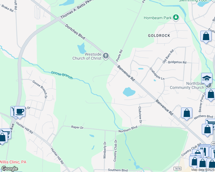map of restaurants, bars, coffee shops, grocery stores, and more near 1717 Benvenue Forest Road in Rocky Mount