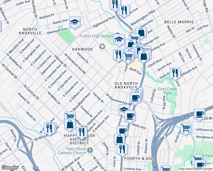 map of restaurants, bars, coffee shops, grocery stores, and more near 716 East Scott Avenue in Knoxville