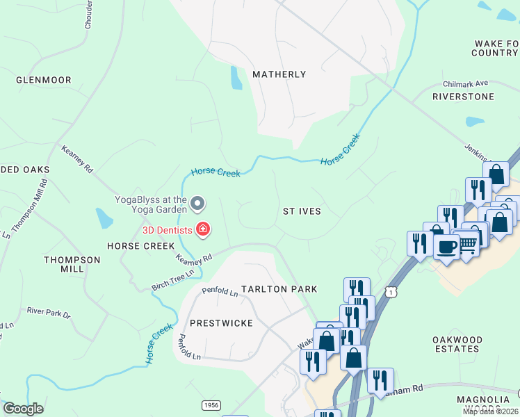 map of restaurants, bars, coffee shops, grocery stores, and more near 7301 Sparhawk Road in Wake Forest