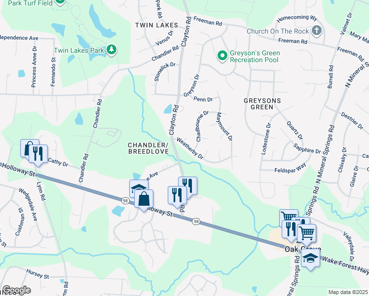 map of restaurants, bars, coffee shops, grocery stores, and more near 3408 Weatherby Drive in Durham