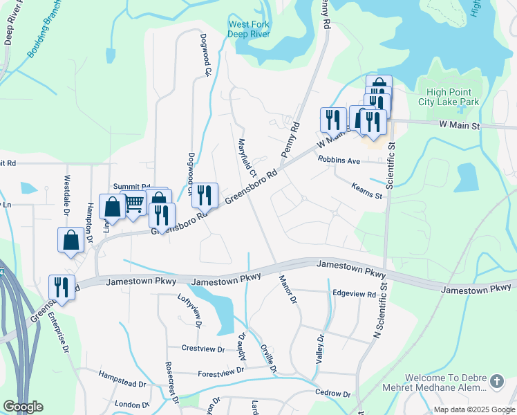 map of restaurants, bars, coffee shops, grocery stores, and more near 113 Manor Drive in High Point