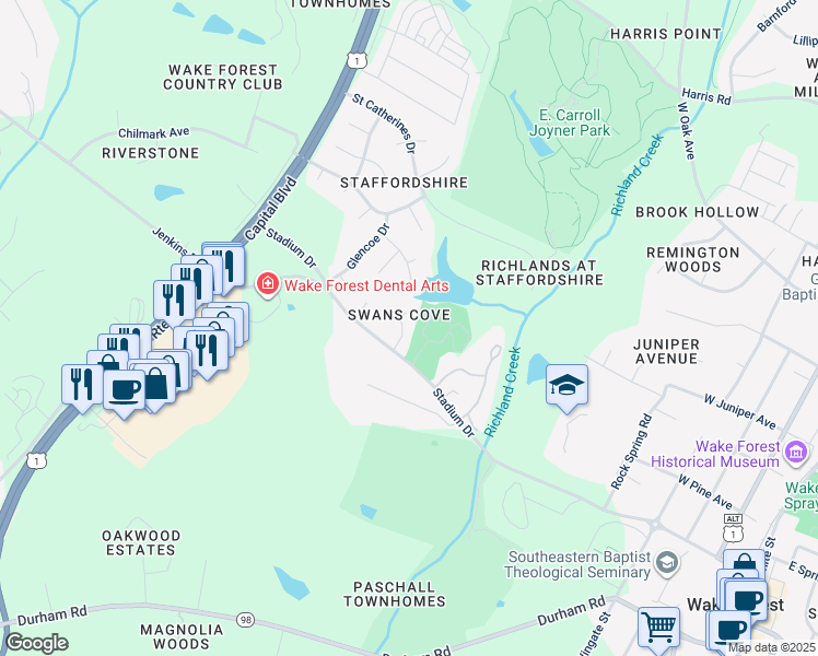 map of restaurants, bars, coffee shops, grocery stores, and more near 212 Whistling Swan Drive in Wake Forest