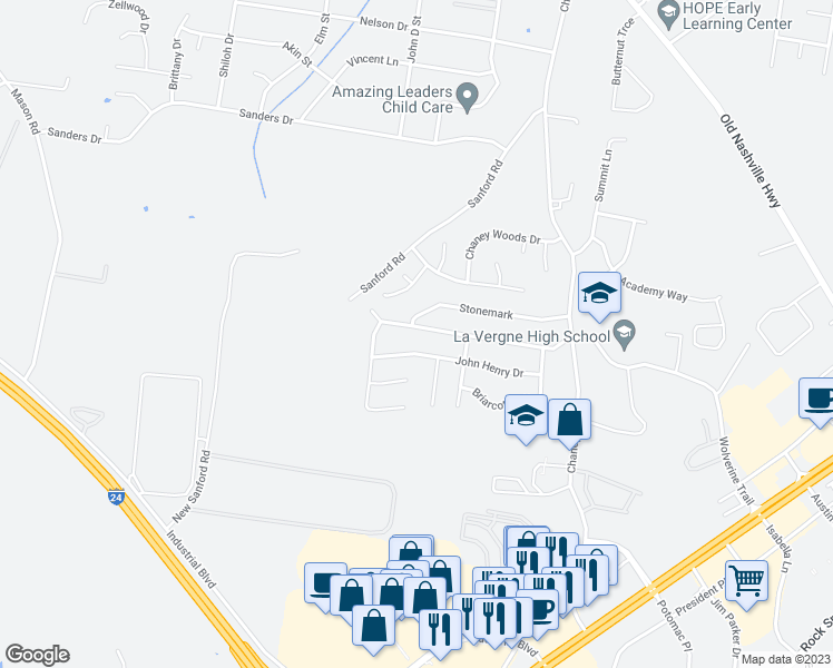 map of restaurants, bars, coffee shops, grocery stores, and more near 137 Wolverine Trail in La Vergne