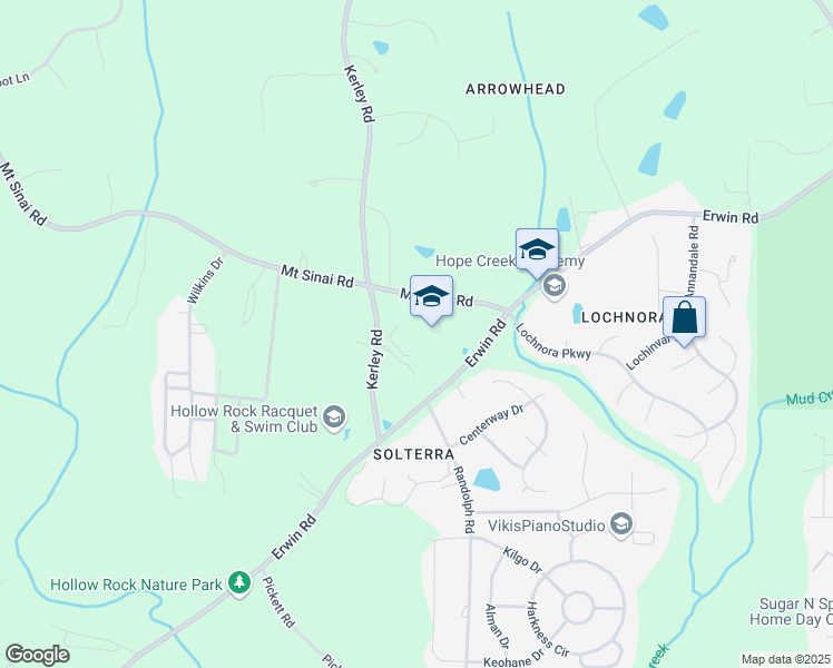 map of restaurants, bars, coffee shops, grocery stores, and more near 3007 Mount Sinai Road in Durham