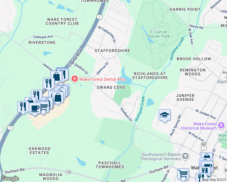 map of restaurants, bars, coffee shops, grocery stores, and more near 212 Whistling Swan Drive in Wake Forest