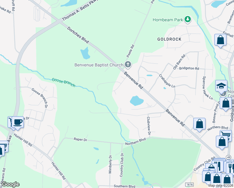map of restaurants, bars, coffee shops, grocery stores, and more near 1717 Benvenue Forest Road in Rocky Mount