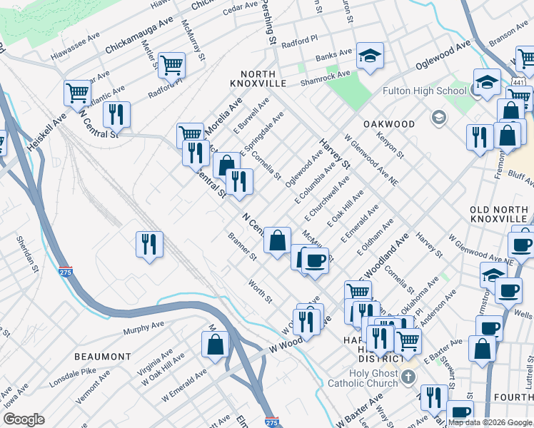 map of restaurants, bars, coffee shops, grocery stores, and more near 111 East Columbia Avenue in Knoxville