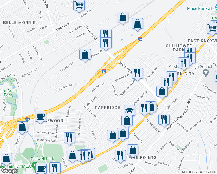 map of restaurants, bars, coffee shops, grocery stores, and more near 2452 Dodson Avenue in Knoxville
