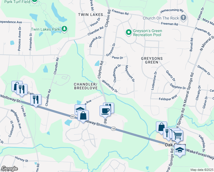 map of restaurants, bars, coffee shops, grocery stores, and more near 3408 Weatherby Drive in Durham