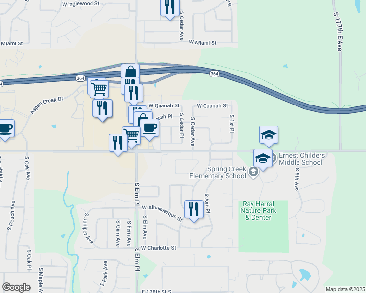 map of restaurants, bars, coffee shops, grocery stores, and more near 405 West San Diego Street in Broken Arrow