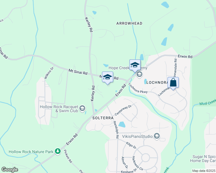 map of restaurants, bars, coffee shops, grocery stores, and more near 3007 Mount Sinai Road in Durham