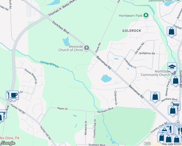 map of restaurants, bars, coffee shops, grocery stores, and more near 1717 Benvenue Forest Road in Rocky Mount