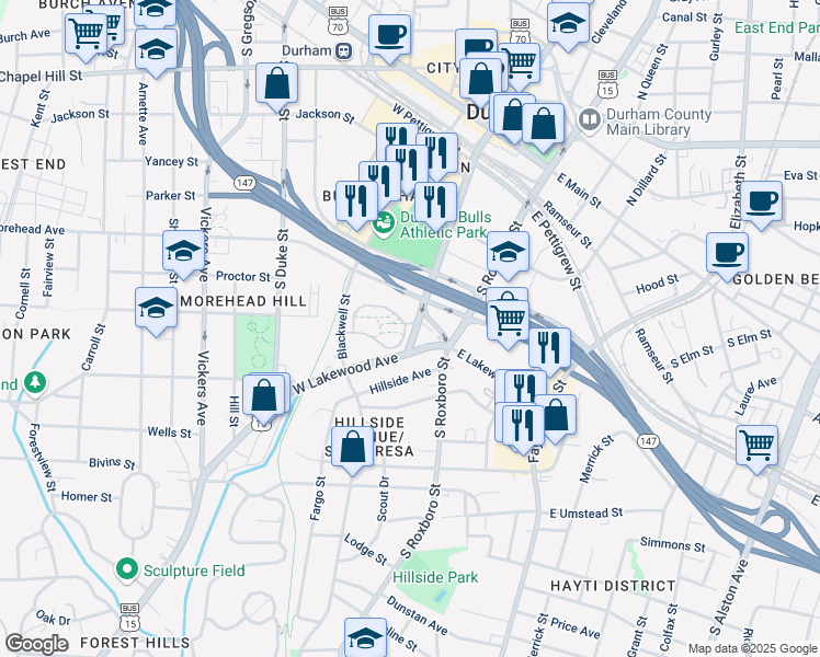 map of restaurants, bars, coffee shops, grocery stores, and more near 9 Blackwell Street in Durham