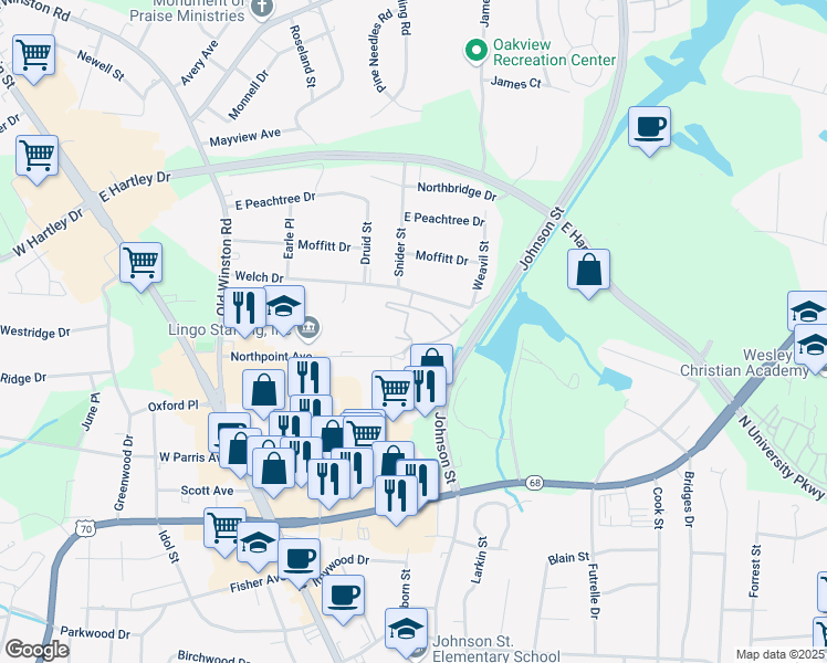 map of restaurants, bars, coffee shops, grocery stores, and more near 236 Northpoint Avenue in High Point