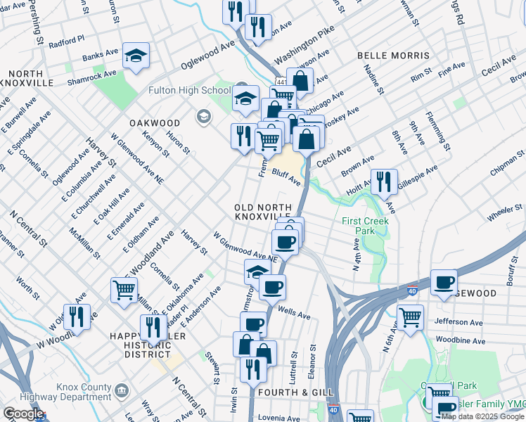 map of restaurants, bars, coffee shops, grocery stores, and more near 1120 Kenyon Street in Knoxville