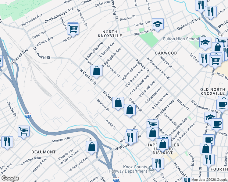 map of restaurants, bars, coffee shops, grocery stores, and more near 111 East Columbia Avenue in Knoxville