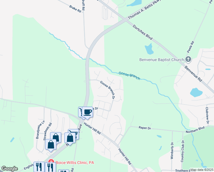 map of restaurants, bars, coffee shops, grocery stores, and more near Goose Branch Drive in Rocky Mount
