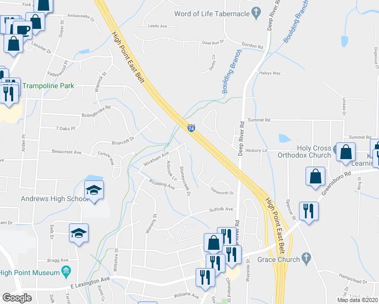 map of restaurants, bars, coffee shops, grocery stores, and more near 2199 Aileen Court in High Point