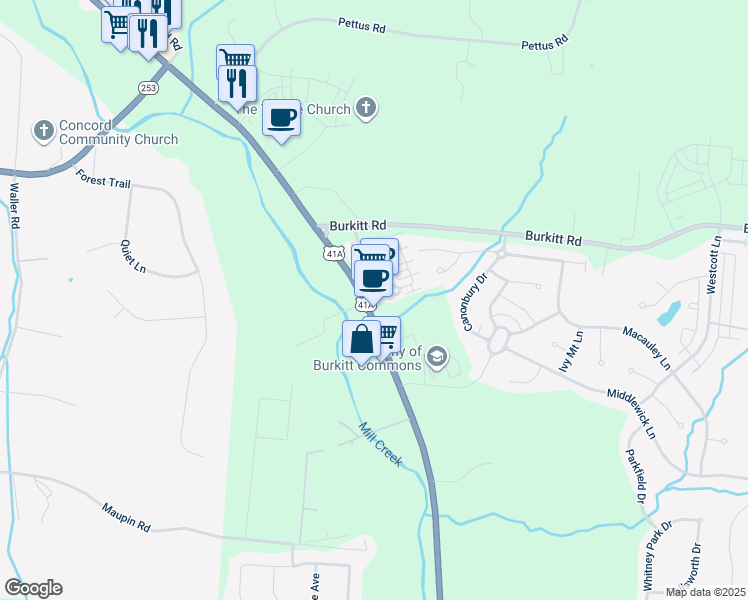 map of restaurants, bars, coffee shops, grocery stores, and more near 175 Burkitt Commons Avenue in Nolensville