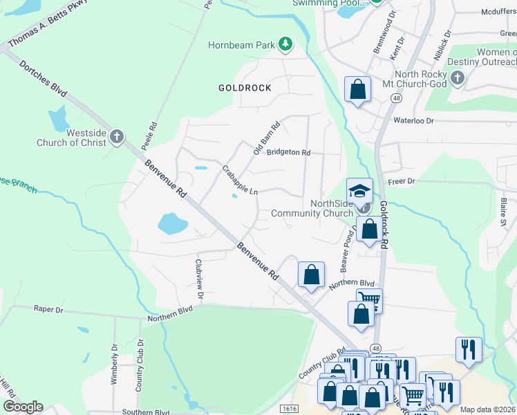map of restaurants, bars, coffee shops, grocery stores, and more near 108 Willow Oaks Court in Rocky Mount