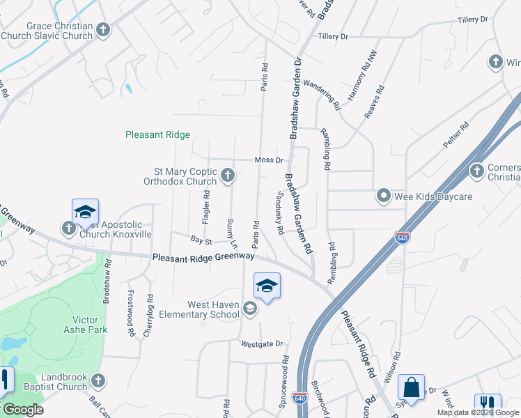 map of restaurants, bars, coffee shops, grocery stores, and more near 2110 Paris Road in Knoxville