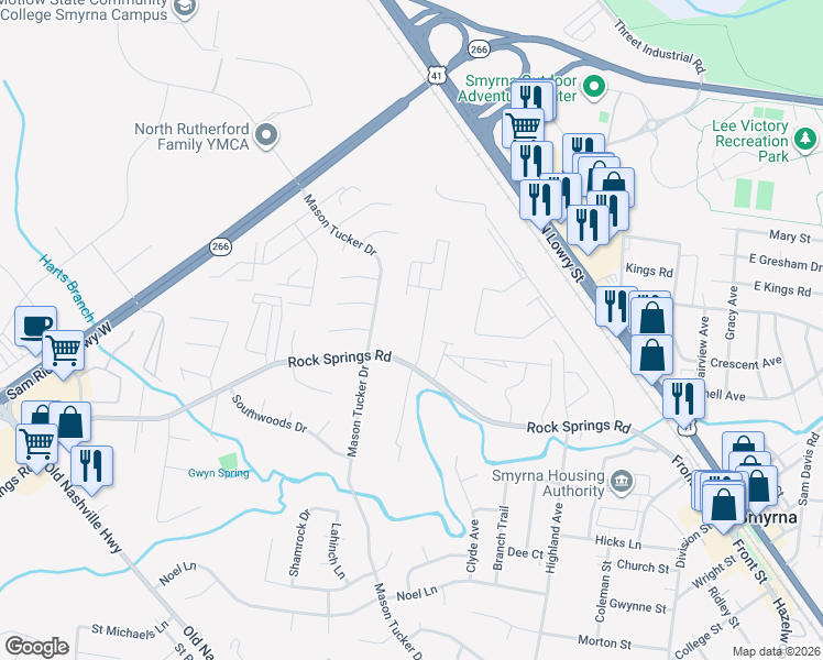 map of restaurants, bars, coffee shops, grocery stores, and more near 602 Rock Springs Road in Smyrna