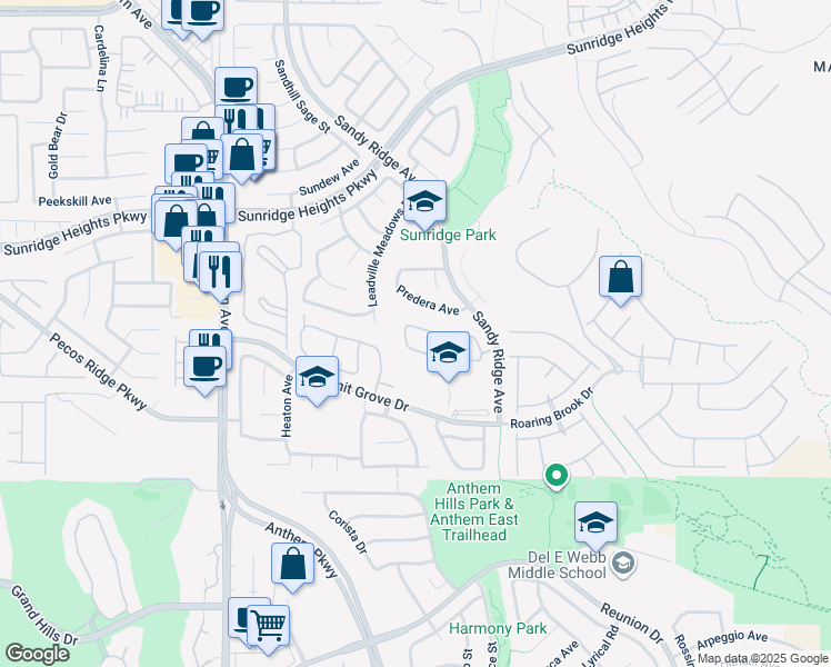 map of restaurants, bars, coffee shops, grocery stores, and more near 2411 Winter Cliffs Street in Henderson