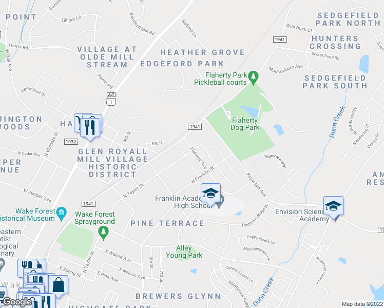 map of restaurants, bars, coffee shops, grocery stores, and more near 500 Flaherty Avenue in Wake Forest