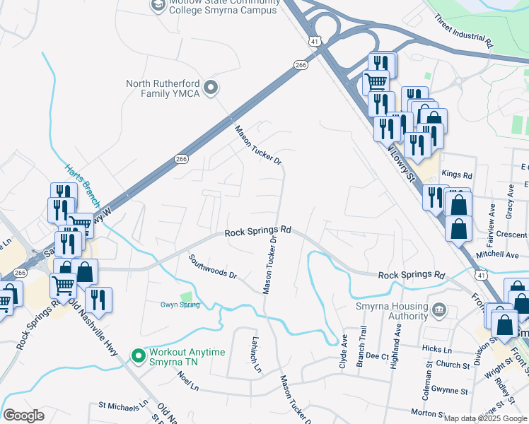map of restaurants, bars, coffee shops, grocery stores, and more near 903 Wildrose Court in Smyrna