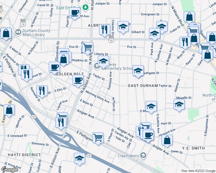 map of restaurants, bars, coffee shops, grocery stores, and more near 705 Mcneil Lane in Durham