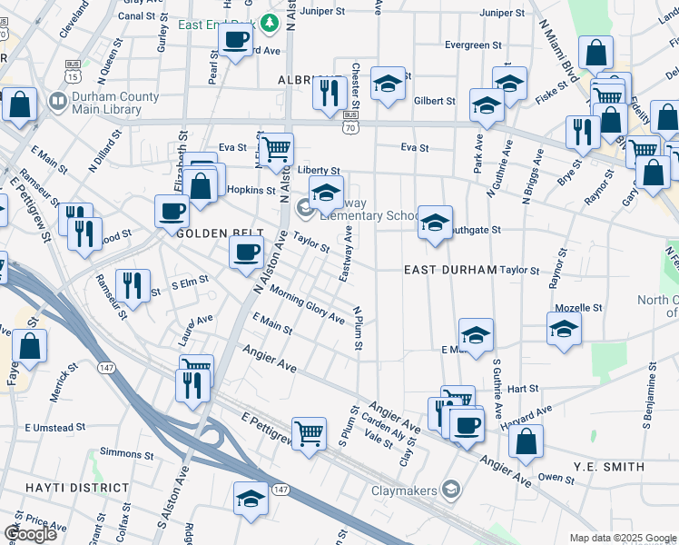 map of restaurants, bars, coffee shops, grocery stores, and more near 705 Mcneil Lane in Durham