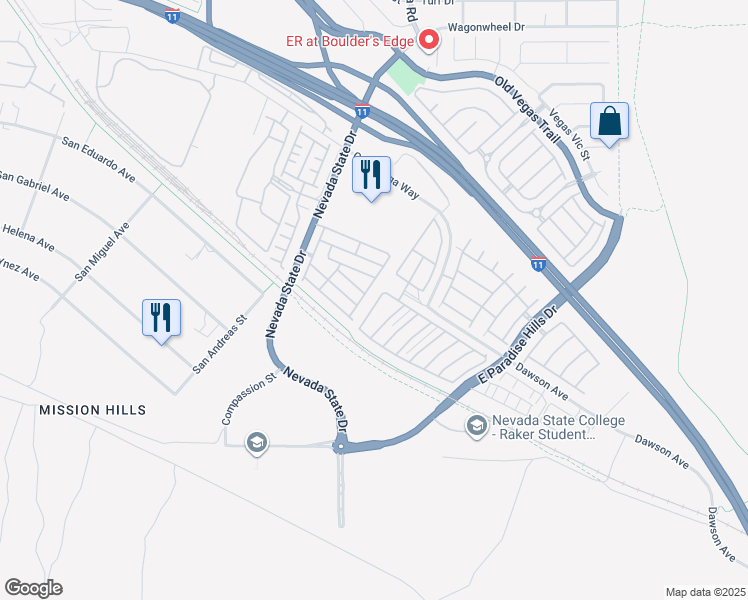 map of restaurants, bars, coffee shops, grocery stores, and more near 1131 Paradise Vista Drive in Henderson
