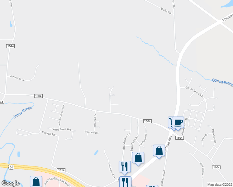 map of restaurants, bars, coffee shops, grocery stores, and more near 108 Fox Den Court in Rocky Mount