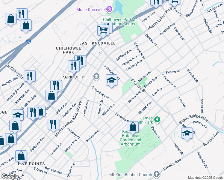 map of restaurants, bars, coffee shops, grocery stores, and more near 2800 Martin Luther King Junior Avenue in Knoxville