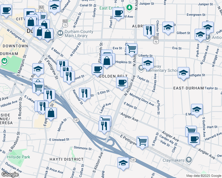 map of restaurants, bars, coffee shops, grocery stores, and more near 1003 Morning Glory Avenue in Durham