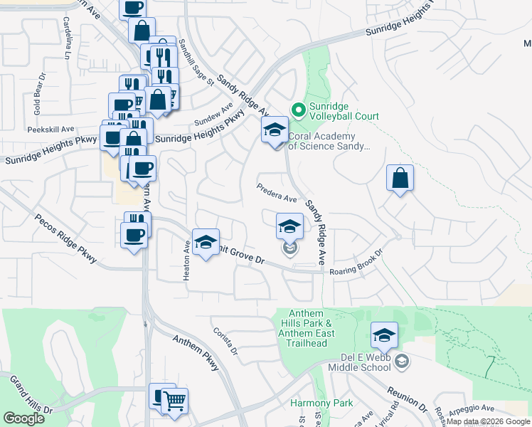 map of restaurants, bars, coffee shops, grocery stores, and more near 2411 Predera Avenue in Henderson
