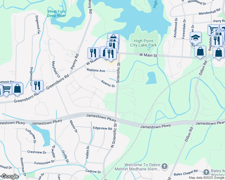 map of restaurants, bars, coffee shops, grocery stores, and more near 101 Kearns Street in Jamestown