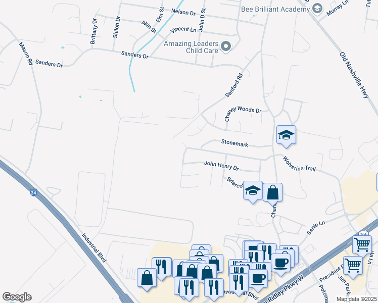 map of restaurants, bars, coffee shops, grocery stores, and more near 149 Wolverine Trail in La Vergne