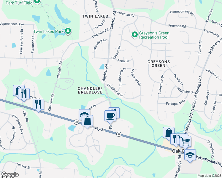 map of restaurants, bars, coffee shops, grocery stores, and more near 1 Linville Court in Durham