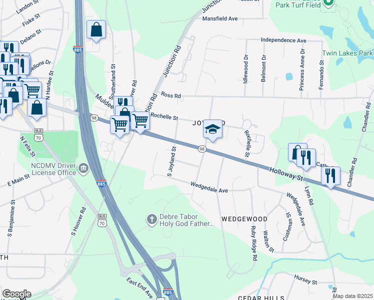 map of restaurants, bars, coffee shops, grocery stores, and more near 2615 Holloway Street in Durham