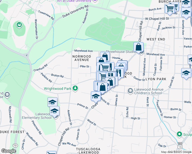 map of restaurants, bars, coffee shops, grocery stores, and more near 2020 Chapel Hill Road in Durham