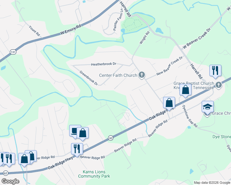 map of restaurants, bars, coffee shops, grocery stores, and more near 6733 Alkison Lane in Knoxville