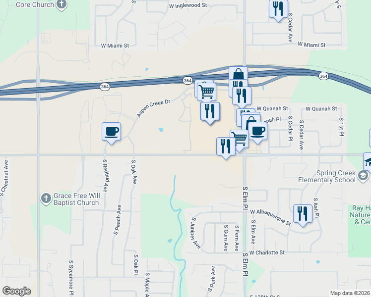 map of restaurants, bars, coffee shops, grocery stores, and more near 1100 West Tucson Street in Broken Arrow