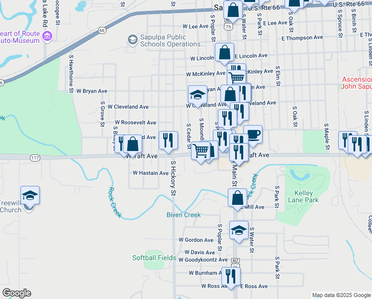 map of restaurants, bars, coffee shops, grocery stores, and more near 801 South Hickory Street in Sapulpa