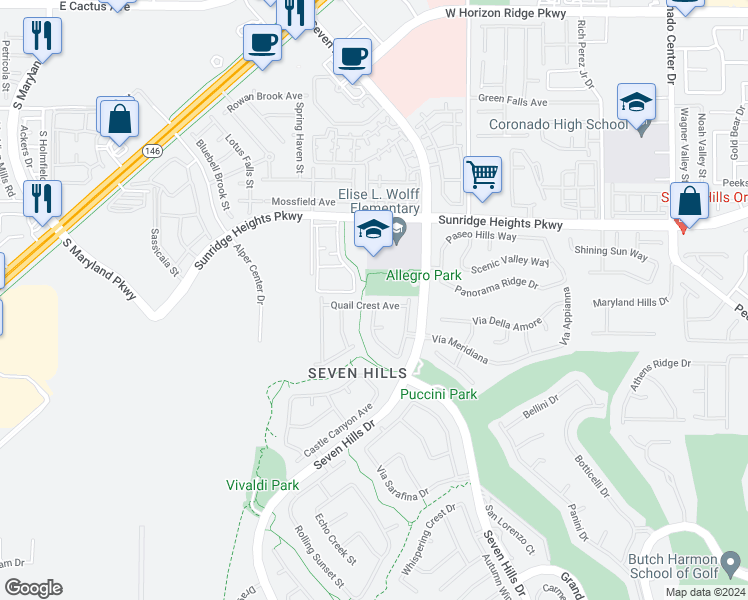 map of restaurants, bars, coffee shops, grocery stores, and more near 3110 Quail Crest Avenue in Henderson