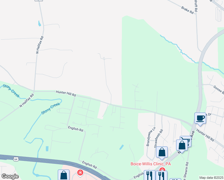 map of restaurants, bars, coffee shops, grocery stores, and more near 7110 Hunter Hill Road in Rocky Mount
